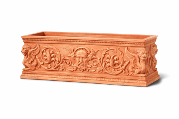 Rechteckiger Terracottakasten aus Impruneta mit Sphinxsymbolen